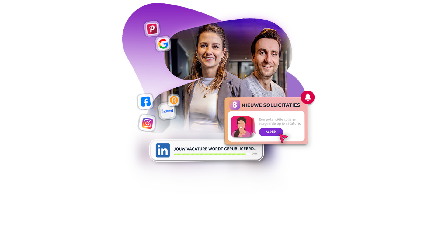 Visualisatie van het recruitmentproces bij Personato met vacaturepublicatie, sociale mediakanalen en binnenkomende sollicitaties.